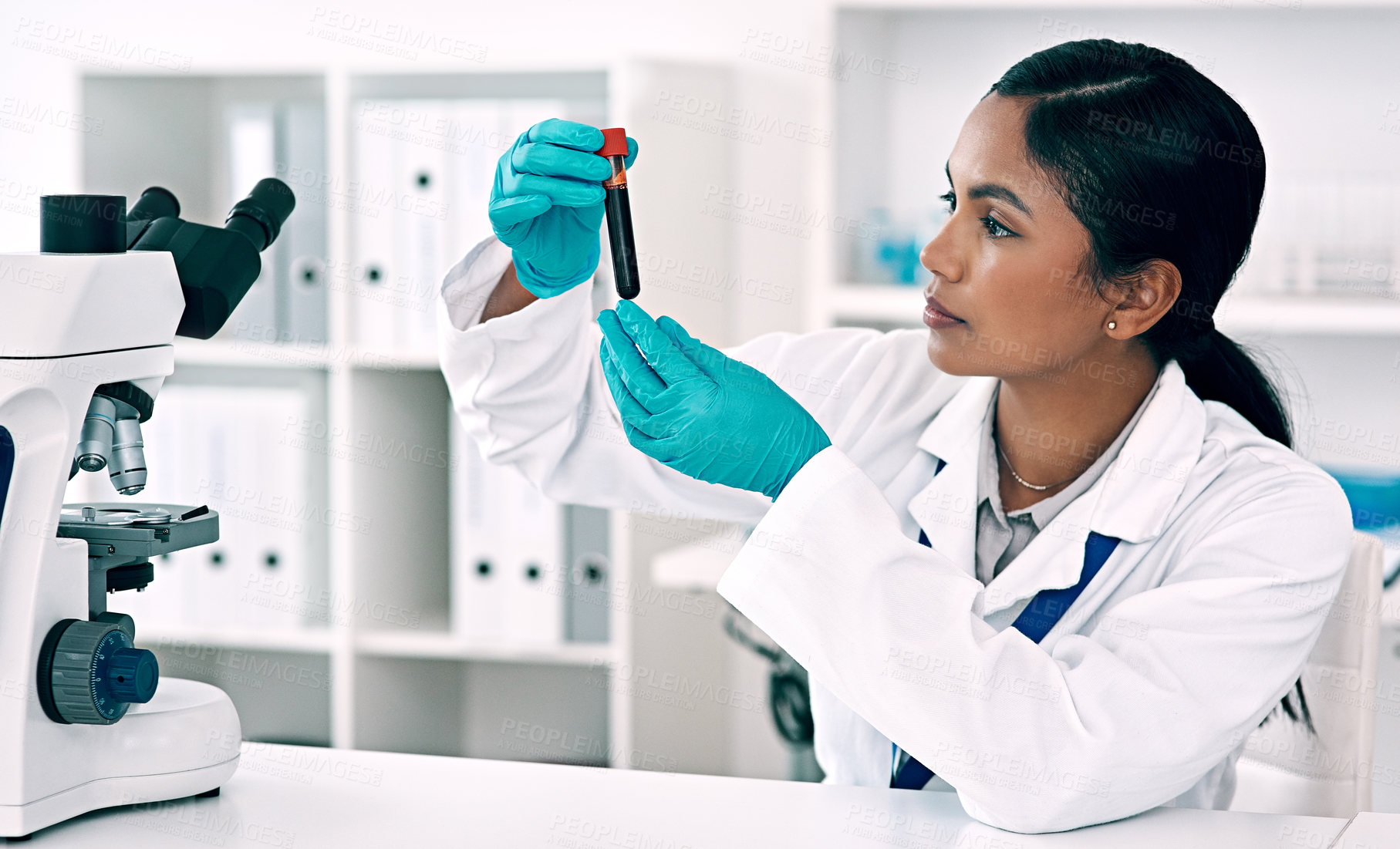 Buy stock photo Woman, blood and working in laboratory for science, research and development for healthcare. Innovation, test tube and medical professional in clinic or hospital for check, investigation or treatment