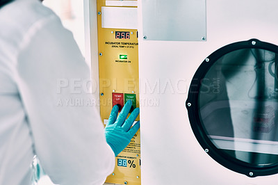 Buy stock photo Researcher, science and incubator temperature in laboratory for research experiment, study and cell maintenance. Person, scientist and insulated box for microbiology growth, data analysis and storage