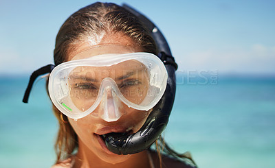 Buy stock photo Travel, scuba diving and portrait of woman at the beach for swimming, summer and vacation. Tropical, holiday and gear with female diver and mask at Hawaii seaside for adventure, exotic and explore
