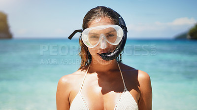 Buy stock photo Cropped portrait of an attractive young woman in scuba gear on the beach