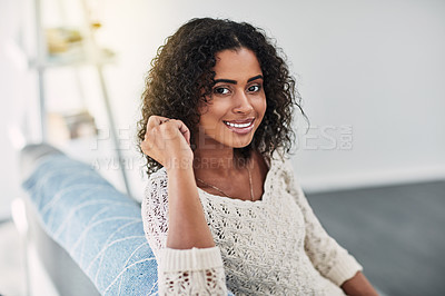 Buy stock photo Happy woman, portrait and relax on sofa in home for comfort, peace and lazy weekend with break. Female person, face and chill on couch in apartment for leisure, morning and positive attitude in Cuba