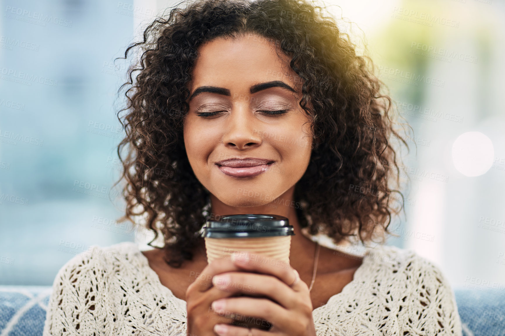 Buy stock photo Woman, smell and thinking in home with drink, weekend peace and hot beverage for comfort on couch. Female person, cappuccino and chilling in living room with espresso, break and breathe coffee aroma