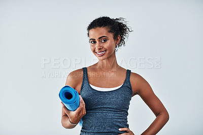 Buy stock photo Yoga, fitness and portrait of woman with mat for wellness, exercise and healthy body on white background. Happy, pilates mockup and female person ready for workout for balance, wellbeing and training