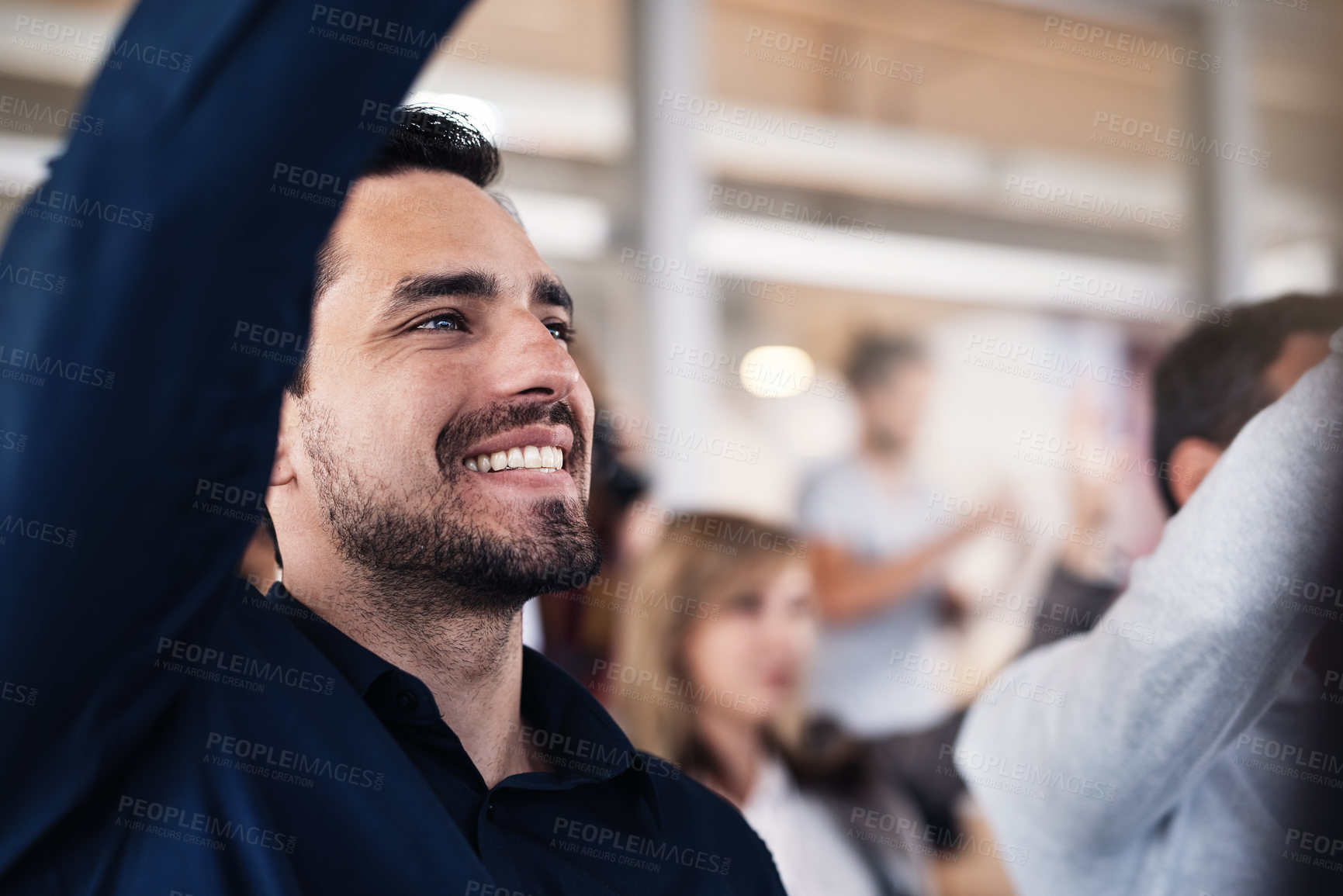 Buy stock photo Business people, man and audience with hands up in presentation for answer, interaction and engagement. Group conference, happy and arms raised for questions in training meeting with learning skills