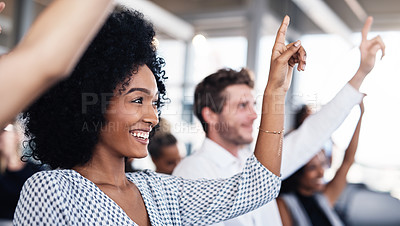 Buy stock photo Cropped shot of a group of businesspeople raising their hands to ask questions during a conference