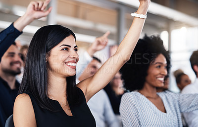 Buy stock photo Cropped shot of a group of businesspeople raising their hands to ask questions during a conference