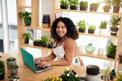 Buy stock photo Laptop, portrait and plant with woman in small business for planning, networking and website. Entrepreneurship, startup and technology with African female botanist for nature, green and garden shop