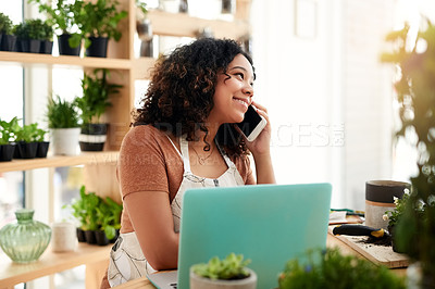 Buy stock photo Laptop, phone call and plant with woman in small business for planning, networking and conversation. Entrepreneurship, startup and technology with female botanist for nature, green and garden shop