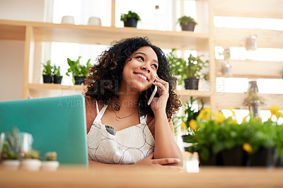 Buy stock photo Happy, phone call and plant with woman in small business for planning, networking and conversation. Entrepreneurship, startup and technology with female botanist for nature, green and garden shop
