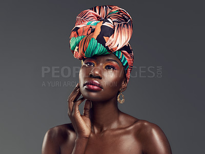 Buy stock photo Makeup, beauty and face of black woman in studio on gray background with glamour, cosmetics and luxury. Fashion, thinking and serious female person in exotic jewelry, African style and head scarf