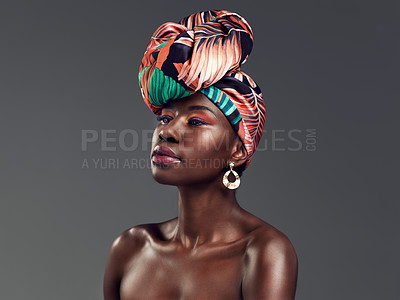 Buy stock photo Beauty, African fashion and face of black woman in studio with glamour, cosmetics and makeup. Thinking, luxury and female person in exotic jewellery, African style and head scarf on gray background