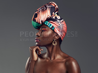 Buy stock photo Makeup, turban and profile of a black woman in a studio with classy, elegant and traditional accessories. Beauty, cosmetic and young African female model with a head wrap isolated by gray background.