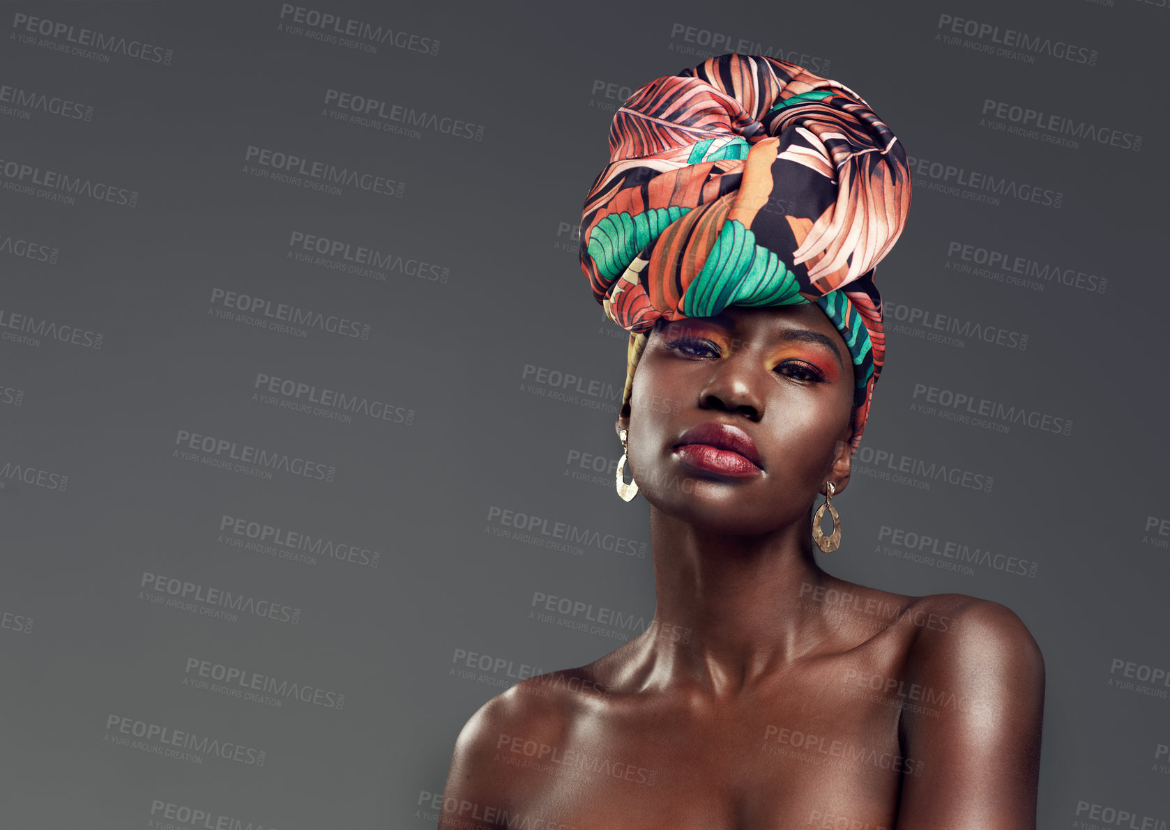 Buy stock photo Fashion, beauty and portrait of black woman in makeup on gray background for glamour, cosmetics and luxury. Studio, designer and face of female person in exotic jewelry, African style and head scarf