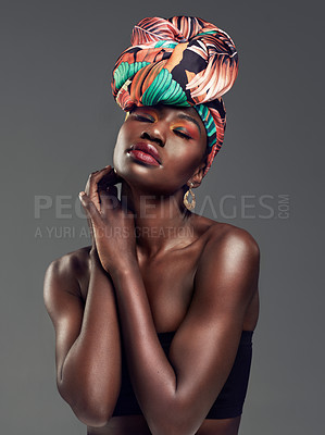 Buy stock photo Fashion, beauty and face of black woman in studio on gray background for glamour, cosmetics and makeup. Jewellery, designer and female person in exotic jewelry, African style and head scarf in studio