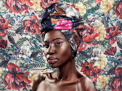 Buy stock photo Portrait, flowers and black woman with head wrap, beauty and confident girl against a floral background. Face, female person or model with fashion, glamour and elegant with stylish turban and culture