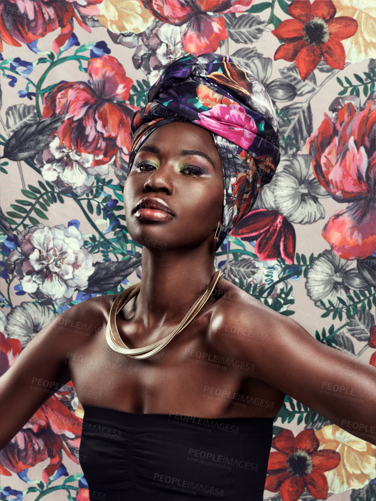 Buy stock photo Black woman in portrait in turban, fashion on flower background and beauty, makeup and floral aesthetic. Natural cosmetics, female model in traditional African head wrap with creativity and style