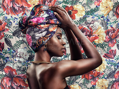 Buy stock photo Fashion, beauty and face of black woman on flower background with glamour, cosmetics and makeup. Floral pattern, designer and profile of female person in exotic jewelry, African style and head scarf