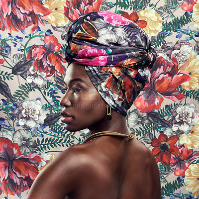 Buy stock photo Fashion, beauty and profile of black woman on flower background with glamour, cosmetics and makeup. Floral pattern, design and face of female person in exotic jewelry, African style and head scarf