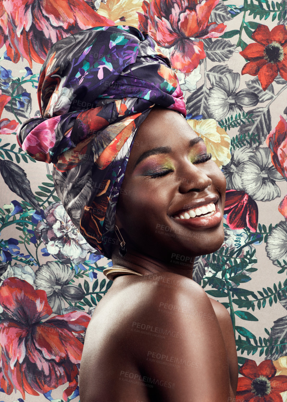 Buy stock photo Head wrap, flowers and black woman with beauty, smile and confident girl against floral background. Turban, happy model and female person with skincare, trendy and joy with art, creative and pattern