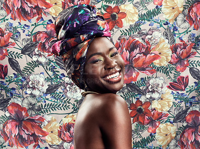 Buy stock photo Fashion, beauty and portrait of black woman on flower background with glamour, cosmetics and makeup. Floral pattern, happy and face of female person in exotic jewelry, African style and head scarf
