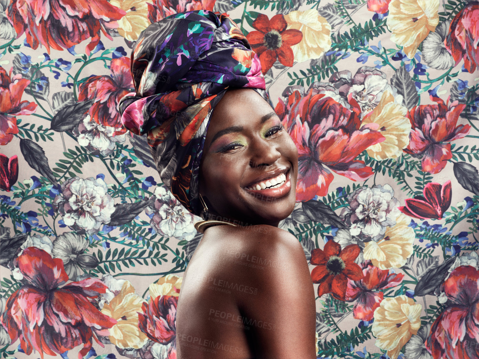 Buy stock photo Fashion, beauty and portrait of black woman on flower background with glamour, cosmetics and makeup. Floral pattern, happy and face of female person in exotic jewelry, African style and head scarf