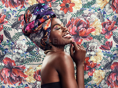 Buy stock photo Flower pattern, head wrap and black woman with a smile, beauty and confident girl against a floral background. Female person, nature and model with a turn, fashion and stylish clothes with tradition