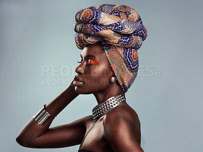 Buy stock photo Black woman in African turban, fashion and beauty with makeup isolated on studio background. Natural cosmetics, face profile and female model with traditional head wrap, mockup space and style