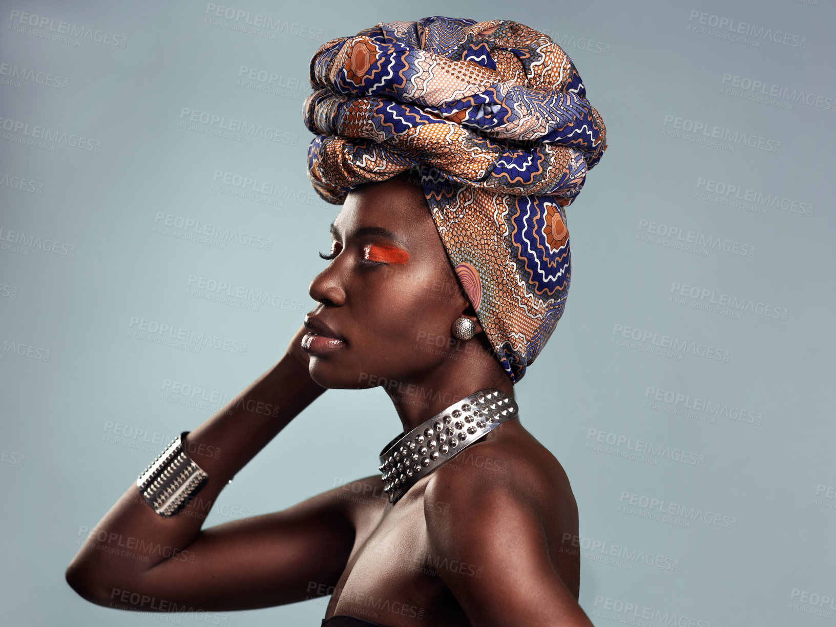 Buy stock photo Black woman in African turban, fashion and beauty with makeup isolated on studio background. Natural cosmetics, face profile and female model with traditional head wrap, mockup space and style