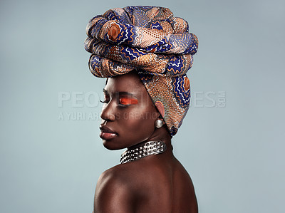 Buy stock photo Black woman, profile and African turban, fashion and beauty with makeup isolated on studio background. Natural cosmetics, eyeshadow and female model with traditional head wrap, mockup space and style