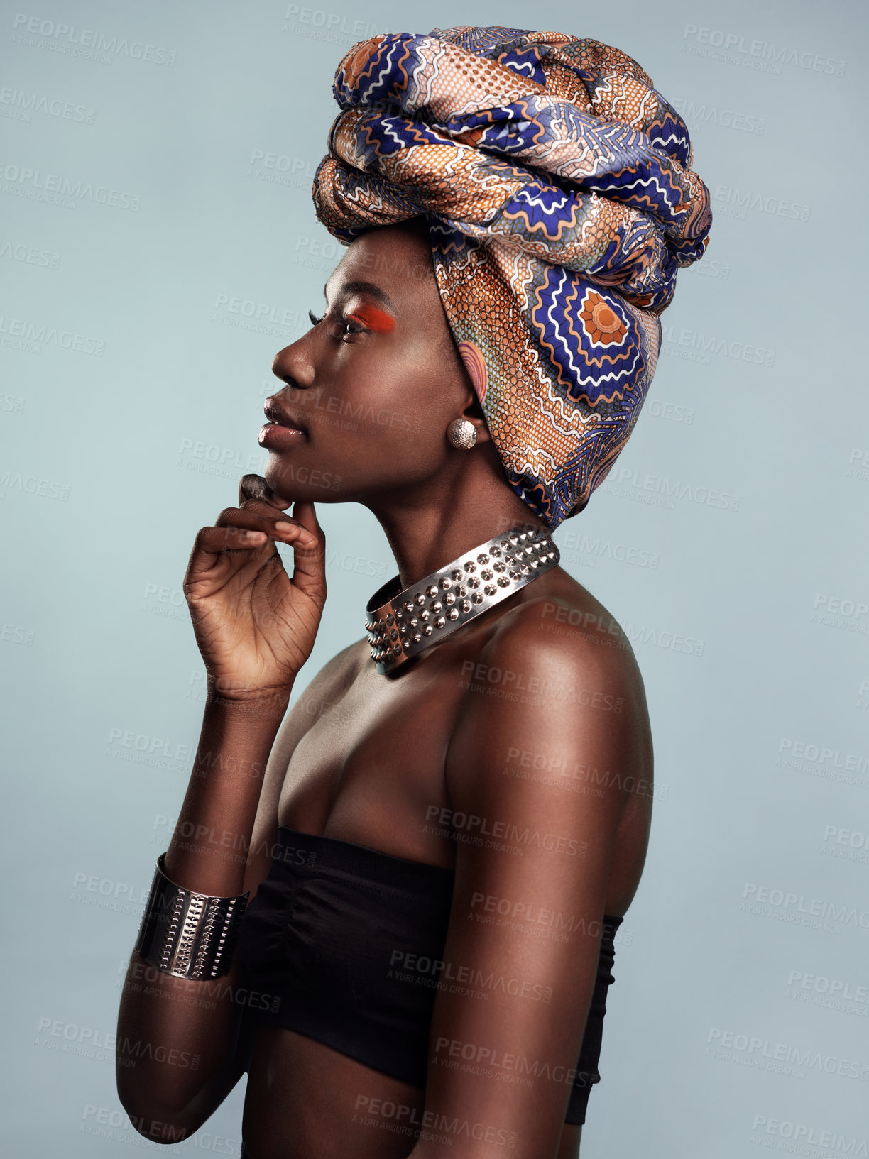 Buy stock photo Fashion, head scarf and profile of black woman in studio on gray background with glamour, cosmetics and makeup. Luxury, culture and face of female person in exotic jewelry, African style and beauty