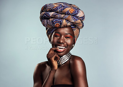 Buy stock photo Happy black woman in African turban, fashion and beauty with makeup isolated on studio background. Natural cosmetics, smile in portrait and female model in traditional head wrap, playful and style