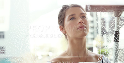 Buy stock photo Woman, face and clean window with soap and detergent, chemical liquid and housekeeping with focus. Female cleaner with foam, cleaning glass and disinfectant with hygiene, housekeeper and mockup space