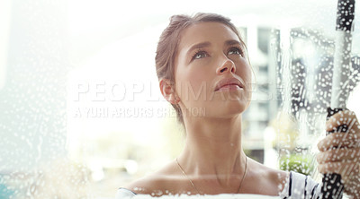 Buy stock photo Woman, face and window cleaning with soap and detergent, chemical liquid and housekeeping with focus. Female cleaner with foam, clean glass and disinfectant with hygiene, housekeeper and mockup space