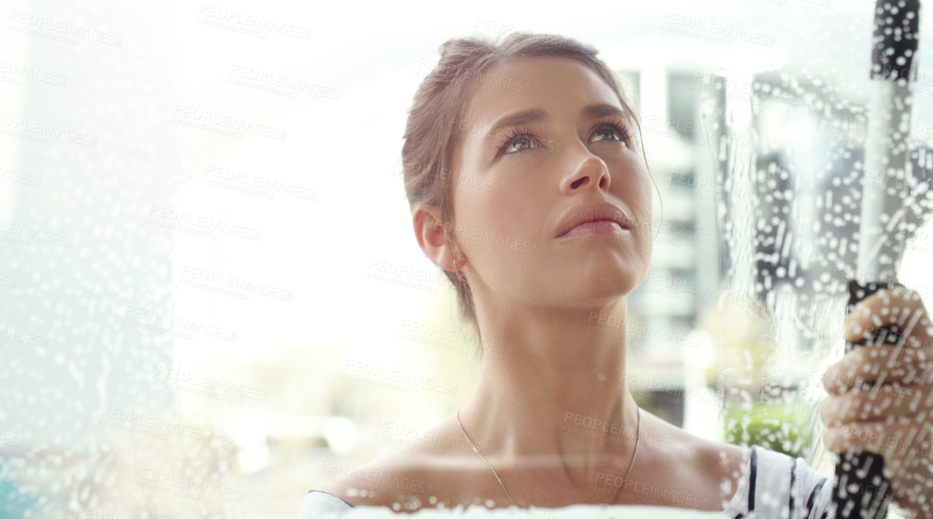 Buy stock photo Woman, face and window cleaning with soap and detergent, chemical liquid and housekeeping with focus. Female cleaner with foam, clean glass and disinfectant with hygiene, housekeeper and mockup space