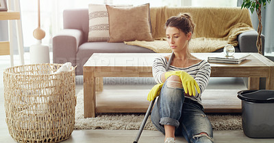 Buy stock photo Tired, home and woman relax, cleaning and chores with gloves, apartment or exhausted in the lounge. Female person, lady or cleaner in the living room, housekeeping and stress with burnout and fatigue