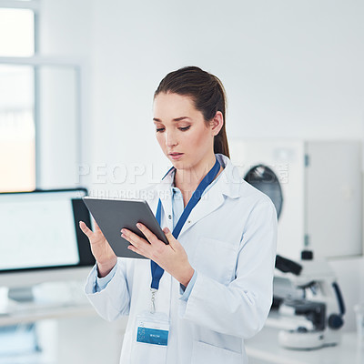 Buy stock photo Scientist, woman and tablet in laboratory for research, medical and experiment information with tech. Female doctor, pharmaceutical and digital in healthcare for results, website and test innovation