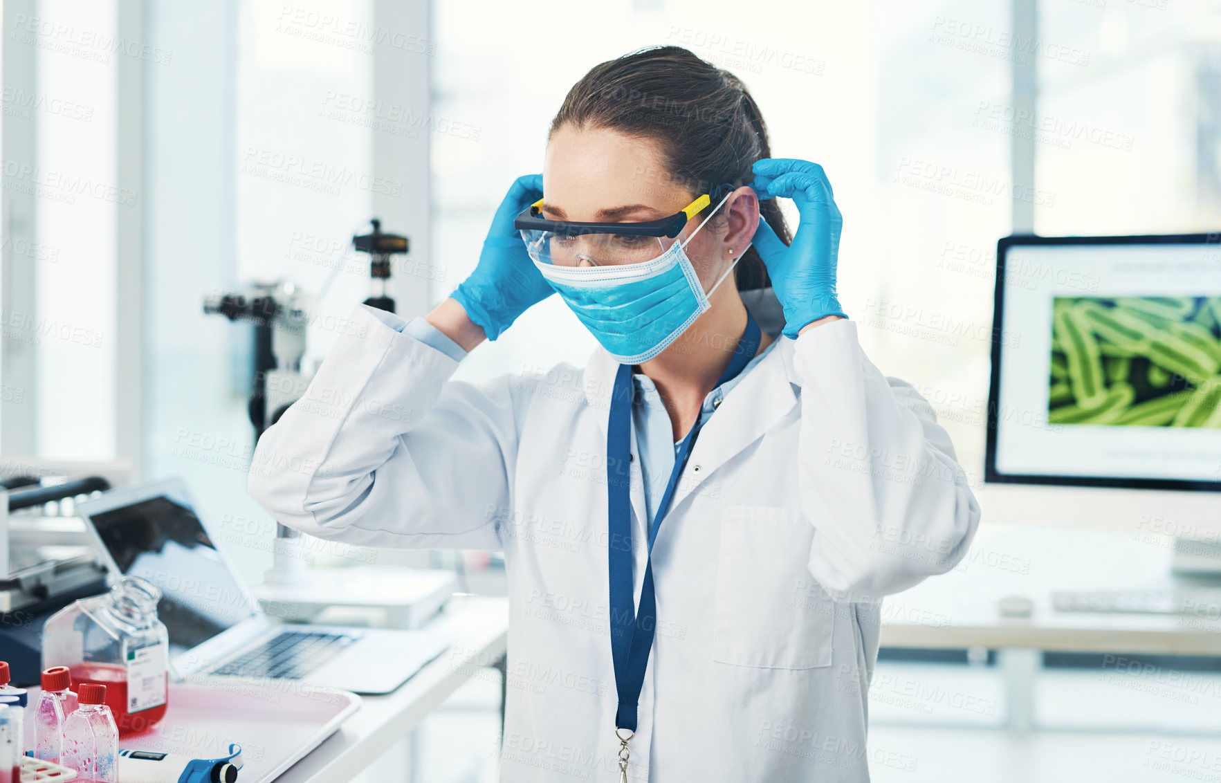Buy stock photo Cropped shot of an unrecognizable young female scientist putting on a protective face mask inside of a laboratory during the day