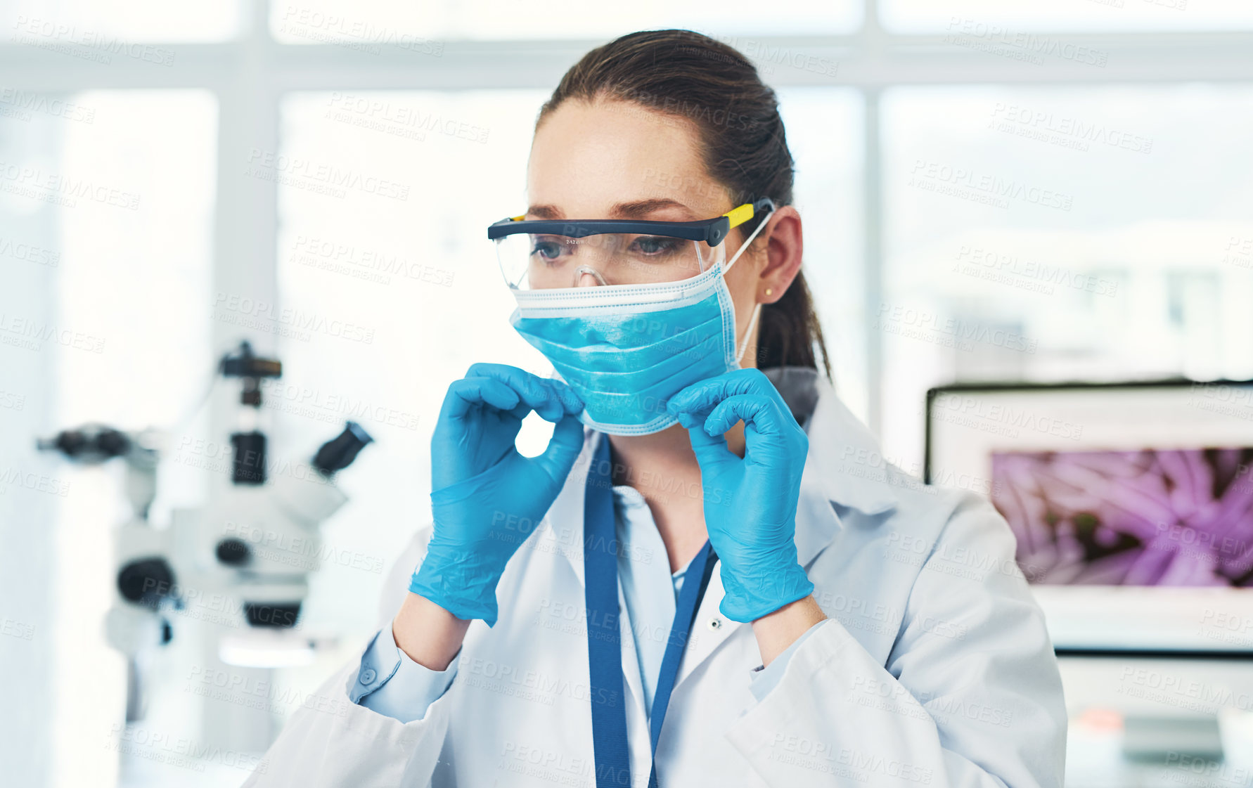 Buy stock photo Woman, face and mask in laboratory for safety, experiment and protection from chemical test. Career, female scientist or gloves in healthcare for medical sterility, infection transmission and rules