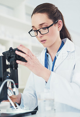 Buy stock photo Cropped shot of a focused young female scientist looking through a microscope while doing tests inside of a laboratory