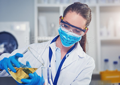 Buy stock photo Beaker, chemicals and scientist in laboratory for pharmaceutical development or innovation. Science, healthcare and chemist with liquid in glass for research, study or experiment for medical cure.