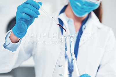 Buy stock photo Scientist, hand and woman with pipette in laboratory for medical investigation, study or research. Science, pharmaceutical and beaker with blood for Mpox vaccine, development or healthcare experiment