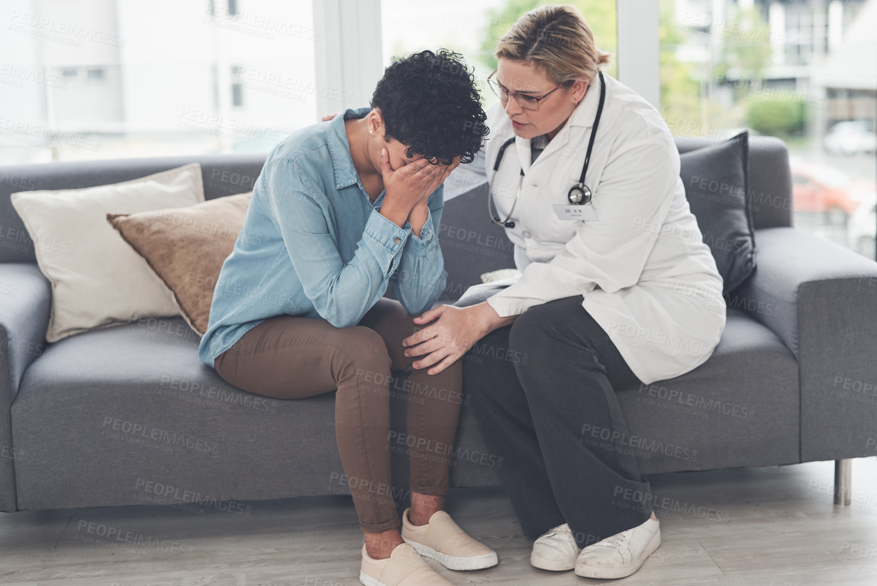 Buy stock photo Doctor, comfort and patient with diagnosis crying in hospital, empathy and medical support for care. Physician, news and gynecologist for consulting, depression and explain treatment for infertility