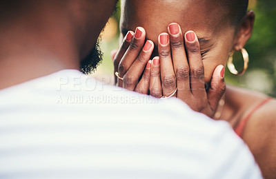 Buy stock photo Cropped shot of young woman covering her eyes while standing with her husband