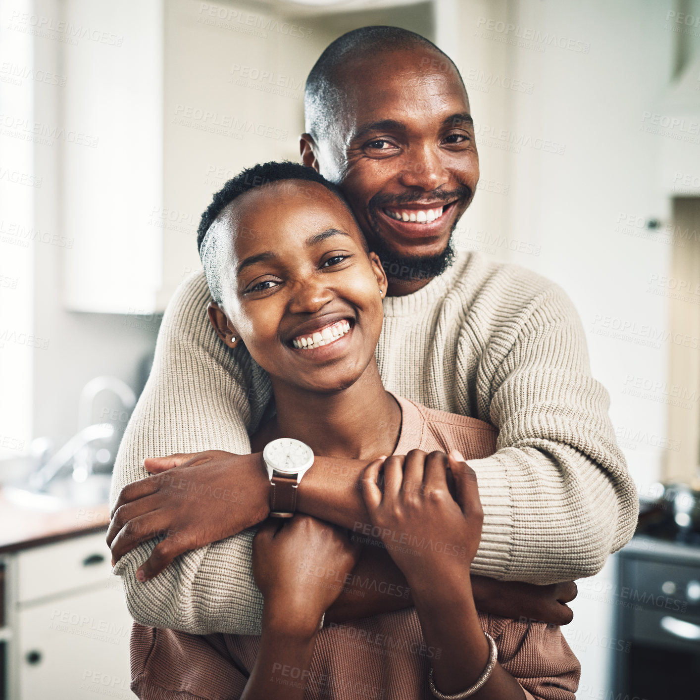 Buy stock photo Happy, black couple and portrait with hug in home for memory, bonding or together in kitchen. Woman, man and love in relationship in embrace as married people for affection or support in Ivory Coast