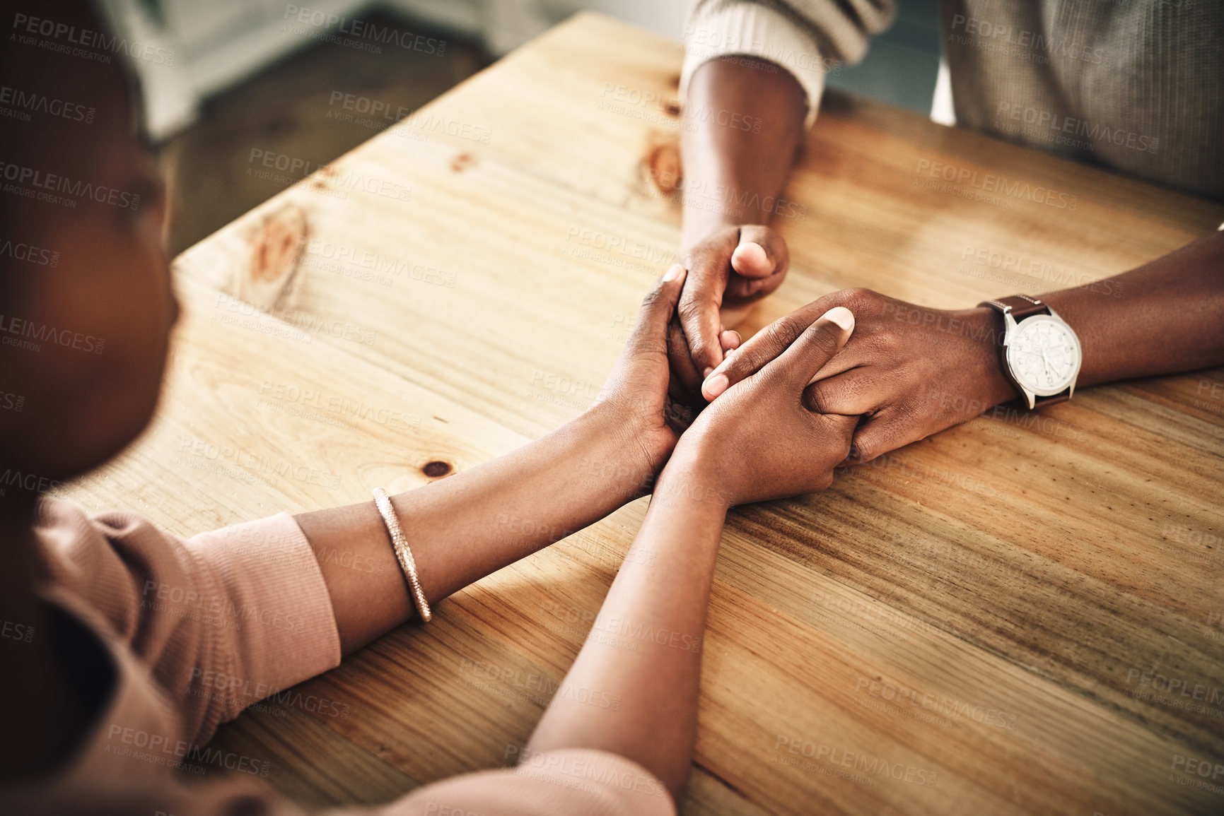 Buy stock photo Couple, compassion and support with holding hands for assistance, help and grief in home. Married people, care and bonding for healthy conversation or empathy with love, connection or communication 