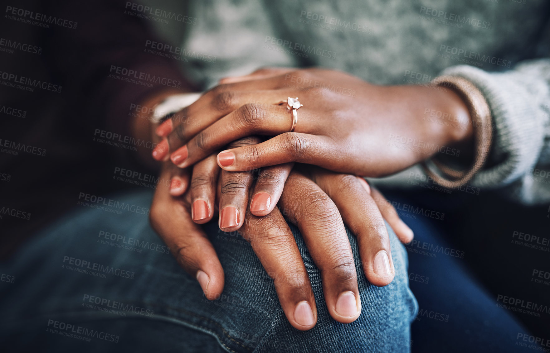 Buy stock photo Couple, compassion and bonding with holding hands for assistance, help and grief in home. Married people, care and support for healthy conversation or empathy with love, connection or communication