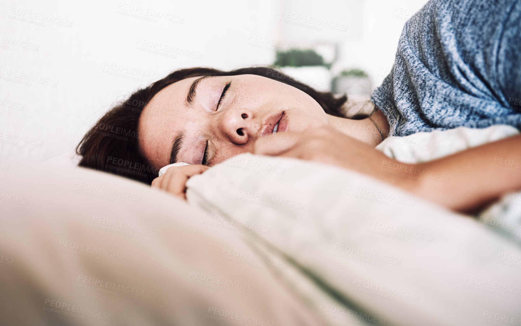 Buy stock photo Woman, tired and sleep in bed for nap, relax and exhausted with peace, comfort and weekend rest in house. Female person, fatigue and asleep in bedroom for break, morning and burnout with pillow