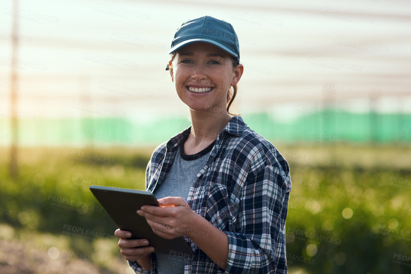 Buy stock photo Cropped portrait of an attractive young female farmer using a tablet while working on her farm