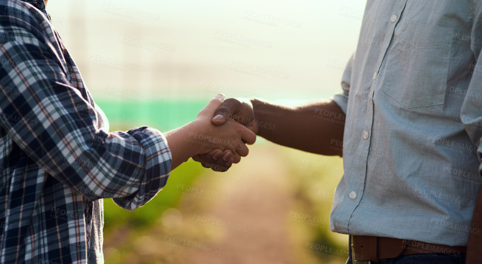 Buy stock photo Partnership, teamwork and unity by handshake, two farmers starting organic trade together. Sustainable farm owners meeting, greeting, entering a business deal. Men collaborating with a goal or vision