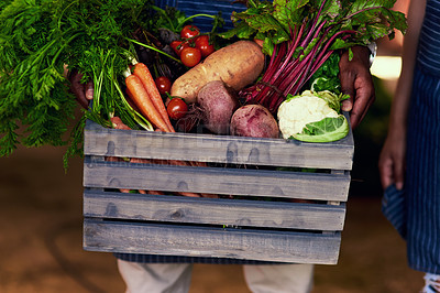 Buy stock photo Cropped shot of an unrecognizable farmer holding a crate full of fresh produce at his farm